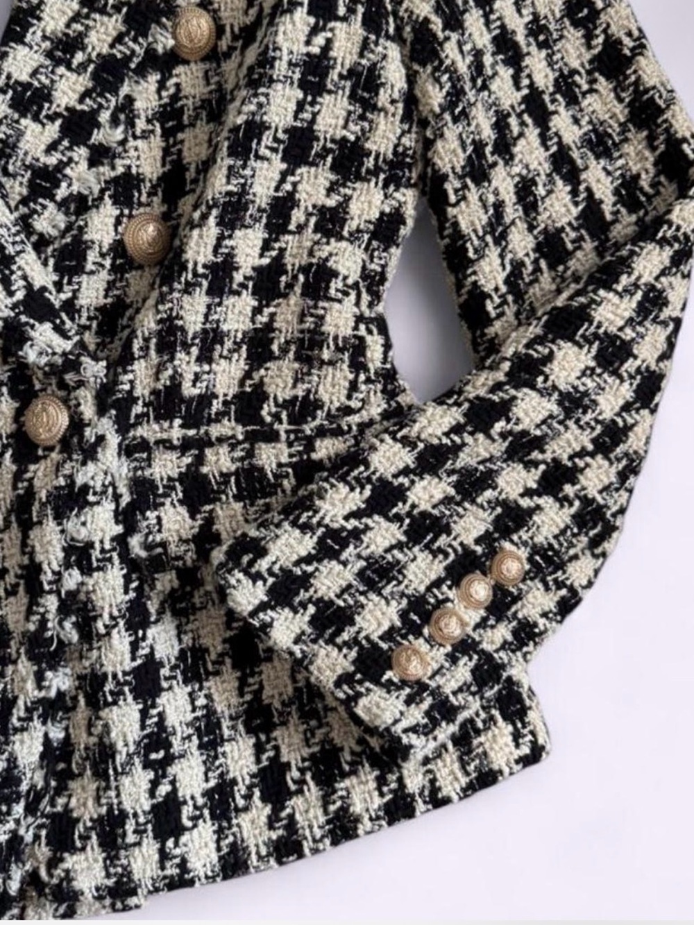 Generation Love Tweed Houndstooth Blazer Gold Buttons Metallic Sheen Preppy
